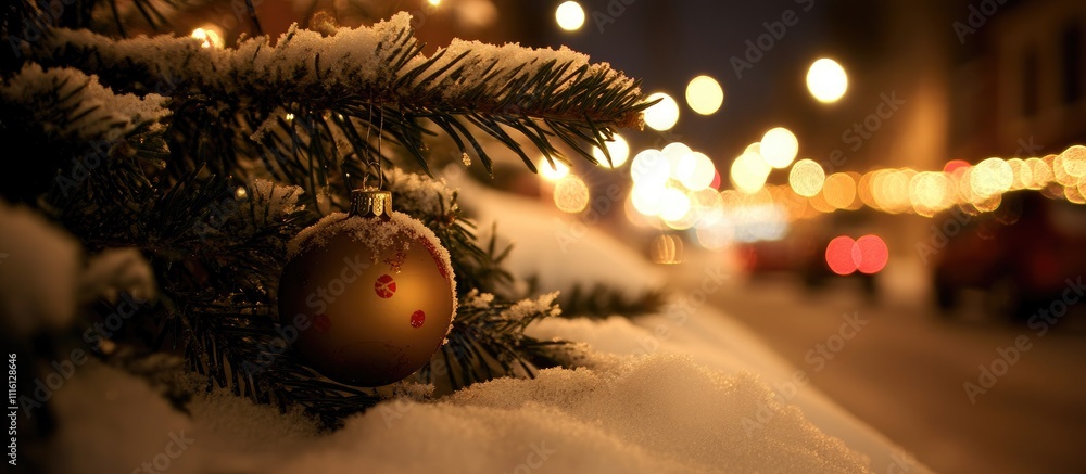 Aufkleber snowy christmas background with ornaments and pine branches adorned by bokeh lights creating a festi