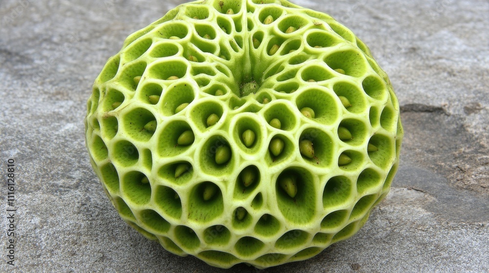 Poster unique green seed pod with intricate honeycomb pattern set against a textured stone background showc
