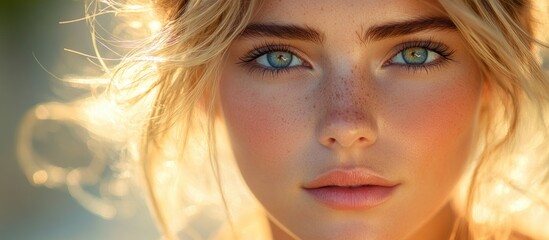 Radiant young woman with striking blue eyes glowing in natural light portrait