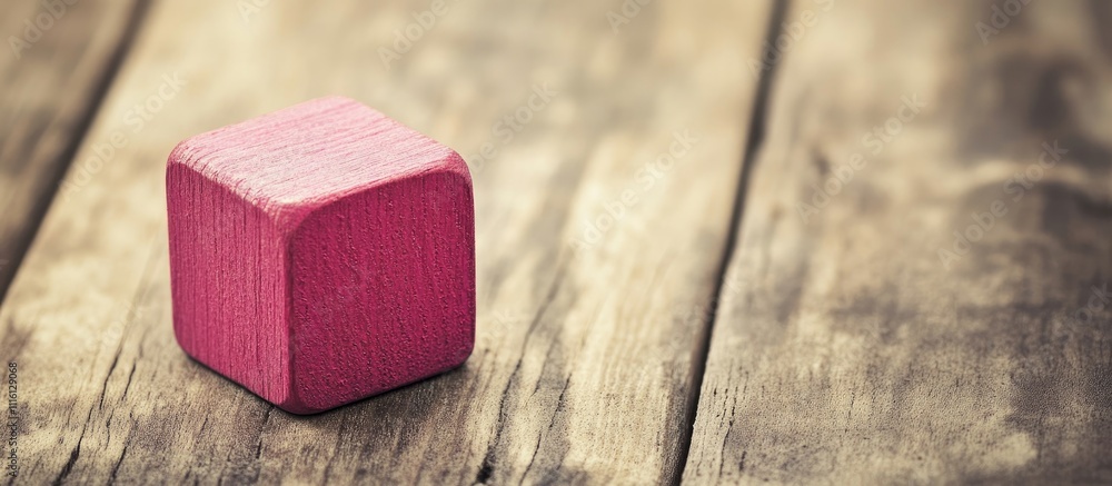 Poster pink wooden block on rustic wooden table with empty space for personalized text or branding. perfect