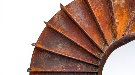 Rusty metal staircase spiral design with visible wear and tear on a white background showcasing industrial style and aged texture.