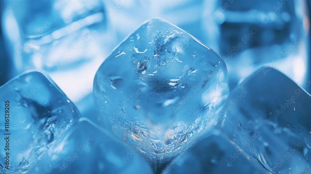 Poster close-up of clear ice cubes with bubbles and reflections creating a refreshing appearance for bevera