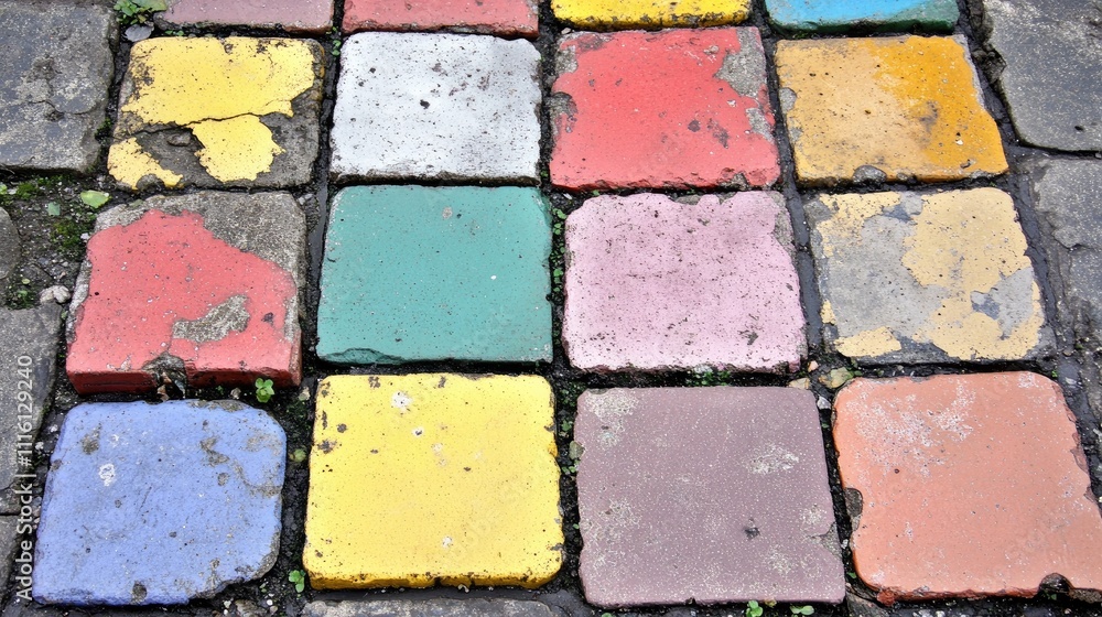 Poster Colorful stained cement tiles creating a textured and weathered background for design and artistic projects.