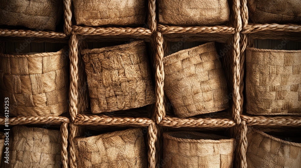 Aufkleber handcrafted woven baskets arranged in a grid showcasing intricate textures and natural materials in 