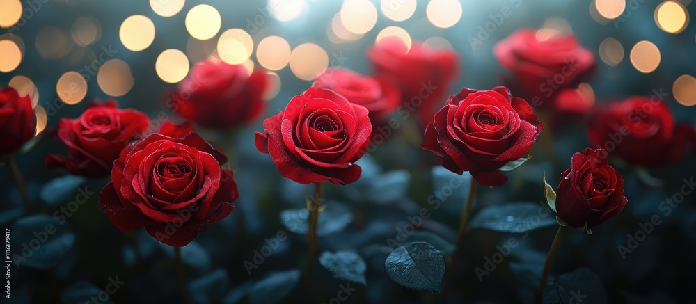 Poster enchanting red rose bouquet illuminated by soft bokeh lighting creating a romantic and elegant flora