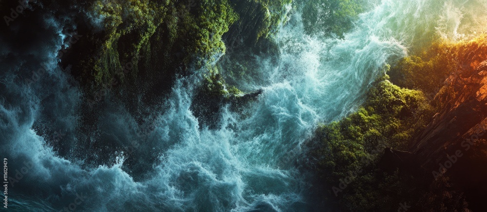 Poster dynamic coastal waves crashing against rocky cliffs illuminated by sunlight creating a stunning natu
