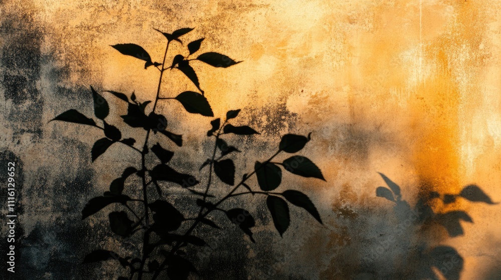 Aufkleber abstract golden hour shadows of leaves on a textured wall creating a serene and artistic natural bac