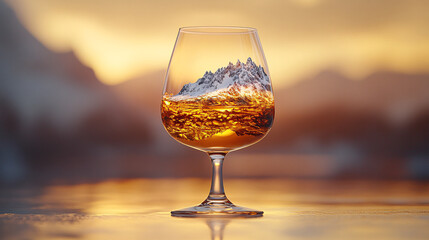 a glass of whiskey with a mountainous landscape reflecting in the liquid, set against a blurred background of a sunset or sunrise.