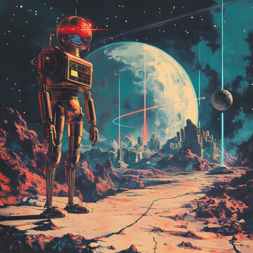 Futuristic ai automaton scanning alien landscape extraterrestrial environment sci-fi artwork surreal viewpoint technology concept