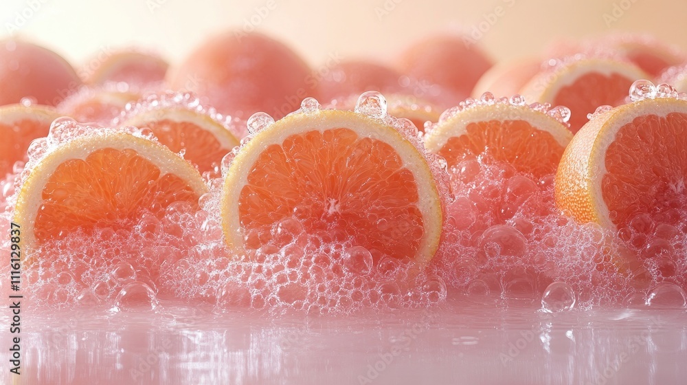 Poster close-up of fresh pomelo slices floating in bubbles against a soft white background, emphasizing vib