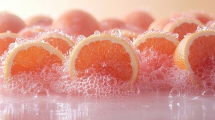 Fototapeta premium Close-up of fresh pomelo slices floating in bubbles against a soft white background, emphasizing vibrant colors and textures, food, healthy eating, refreshing, citrus.