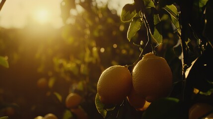 Fresh lemon close-up illuminated by warm sunlight in a retro-style setting, surrounded by lush...