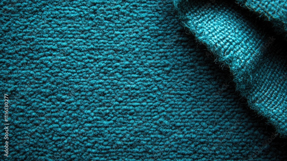 Poster close-up view of a textured green carpet sample with a visible soft weave, showcasing a blank space 