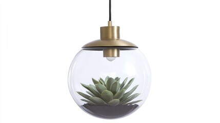 Fototapeta premium Terrarium pendant light showcasing succulents in a glass orb design against a clean white backdrop for contemporary home decor.