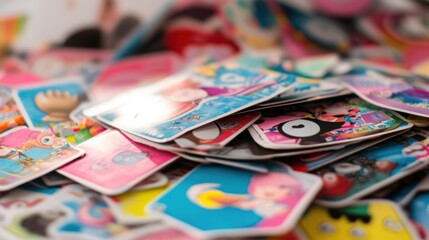 Colorful pile of cartoon-themed stickers with vibrant designs and playful characters, AI