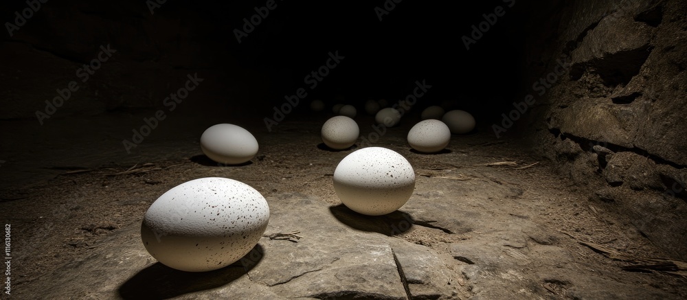 Aufkleber white chicken eggs scattered on a rustic stone surface creating a moody and textured composition in 