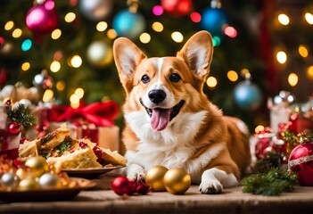 A cheerful corgi smiles amid a festive Christmas feast, sparkling decorations, creating a heartwarming holiday mood for celebrations.