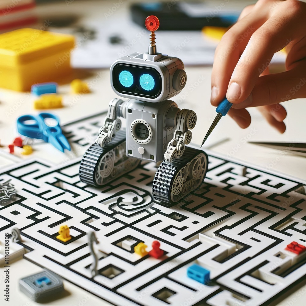Poster a small robot navigating a maze its movements controlled by a co