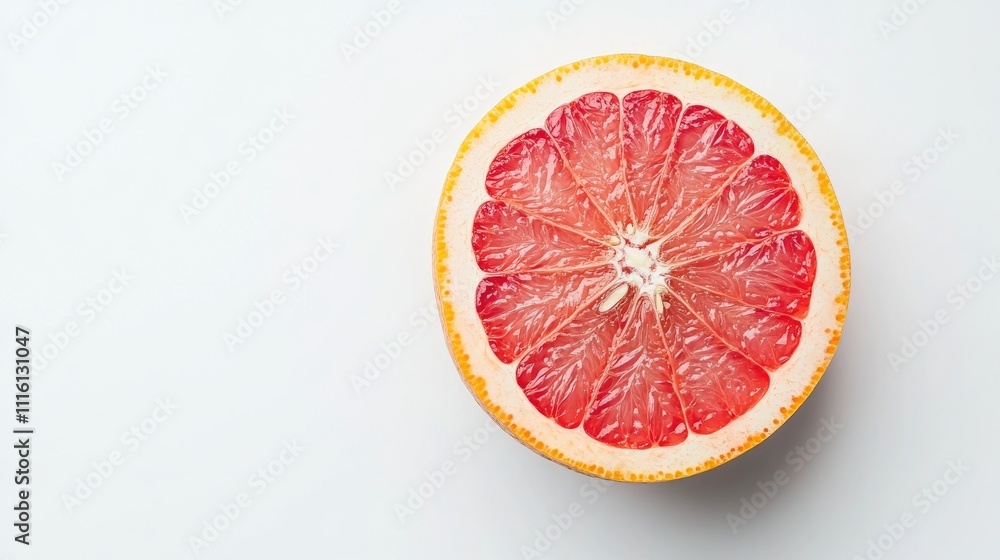 Poster fresh red grapefruit slice displayed on a clean white background showcasing its vibrant color and te