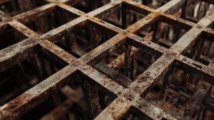 Rusty metal scaffolding with interlocking grid structure representing aging industrial design and construction elements in urban environments