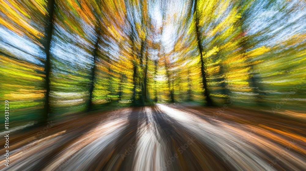 Poster panoramic abstract blurred image of autumn forest with vibrant colors and dynamic motion effect