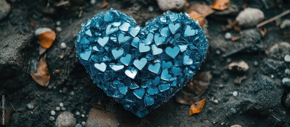 Poster blue heart composed of shimmering ice-like shards reflecting light on textured surface surrounded by