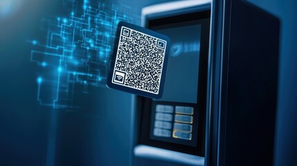 A futuristic device features a glowing QR code, suggesting advanced technology and smart functionality in a digital environment.
