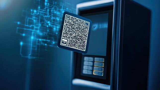 A futuristic device features a glowing QR code, suggesting advanced technology and smart functionality in a digital environment.