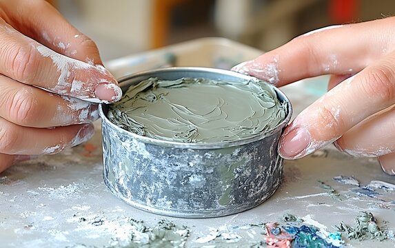 A person's hands hold a tin of gray modeling paste, indicating an artistic process.
