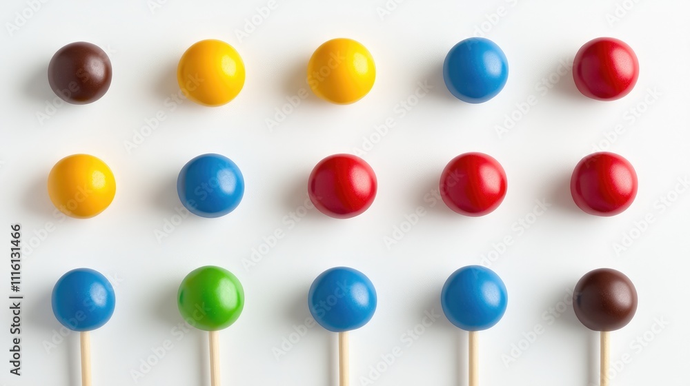 Poster colorful round lollipops arranged in rows on a white background showcasing a vibrant assortment of c