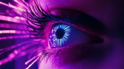 Close-up of a vibrant blue eye with purple light streaks.