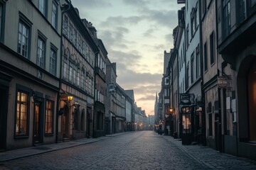 Obraz premium Empty cobblestone street at dusk, showcasing historic architecture.