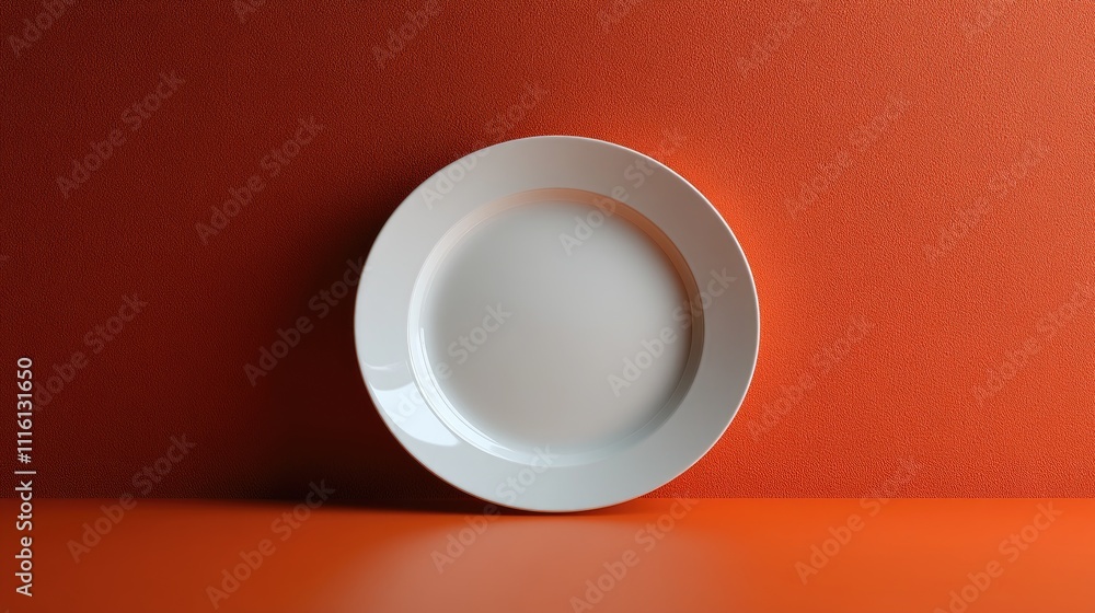 Poster minimalistic round white plate displayed on a vibrant orange background creating a striking and mode