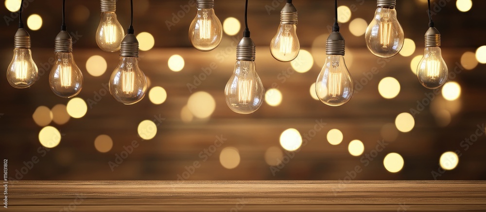 Poster illuminated light bulbs hanging above a rustic wooden surface with a warm bokeh background creating 