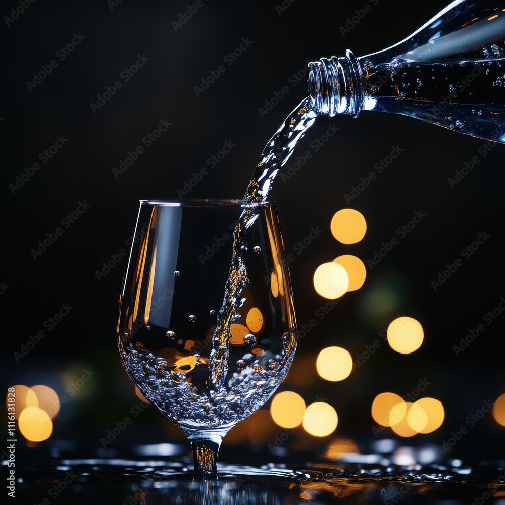 Poster a refreshing pour of water into a glass, with soft bokeh lights in the background creating a serene 