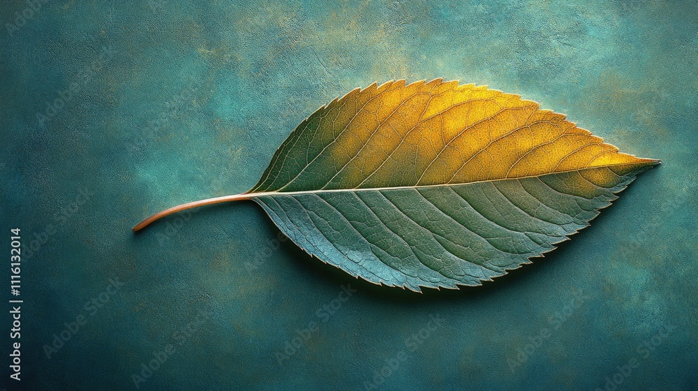 Poster closeup of a textured leaf featuring intricate striped patterns and vibrant hues against a soft text