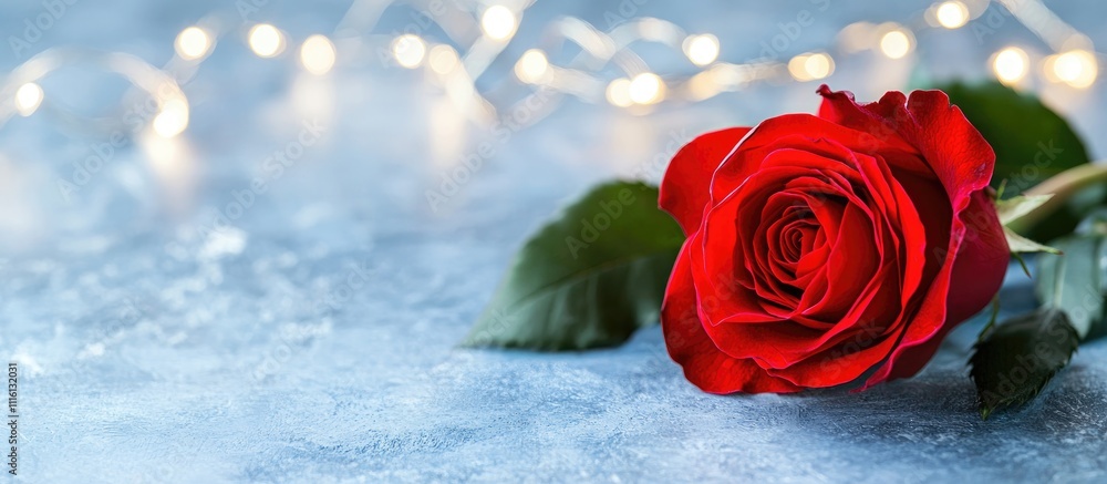 Poster elegant red rose on a soft background enhanced by sparkling lights creating a romantic and dreamy at