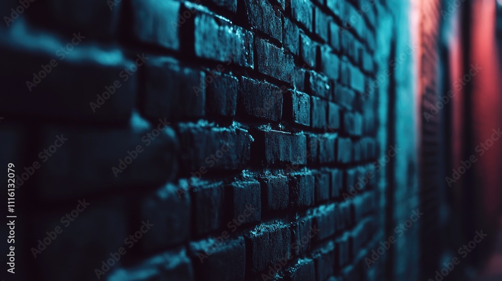 Poster vintage red brick wall texture with a moody blue and red lighting effect, creating an atmospheric ba