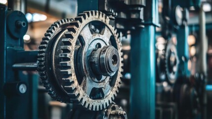 Fototapeta premium Old Rusty Cogs in Motion Illustrating Industrial Machinery and Heavy-Duty Equipment in a Vintage Workshop Setting