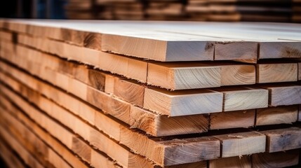 Stacks of neatly arranged edged pine lumber in a woodworking shop ready for construction and timber projects showcasing craftsmanship and quality.