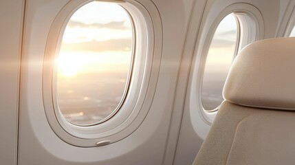 Naklejka premium insurance premium travel concept, A cozy airplane interior view showcasing a sunny horizon through the window, highlighting travel and adventure.
