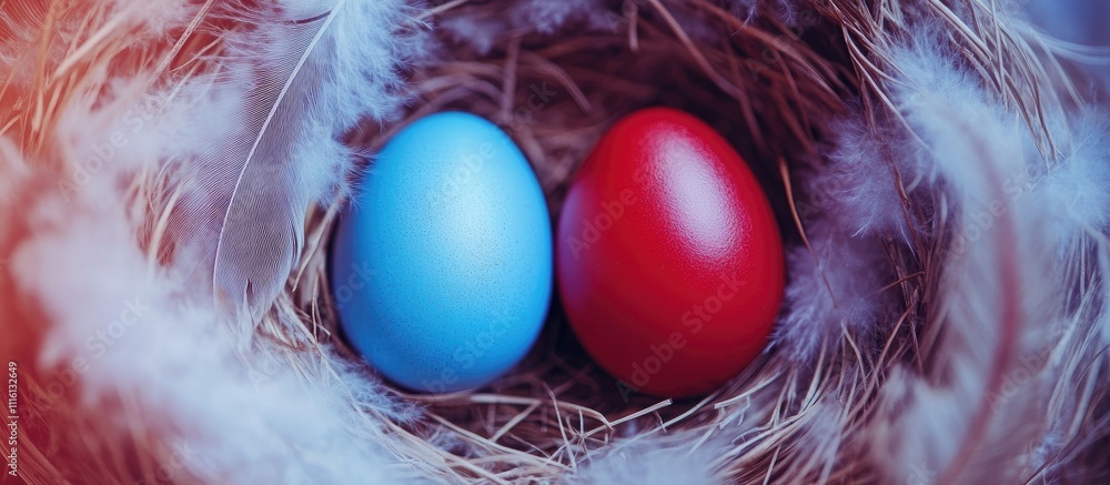Aufkleber colorful eggs in a bird nest surrounded by soft feathers representing spring and new beginnings in n