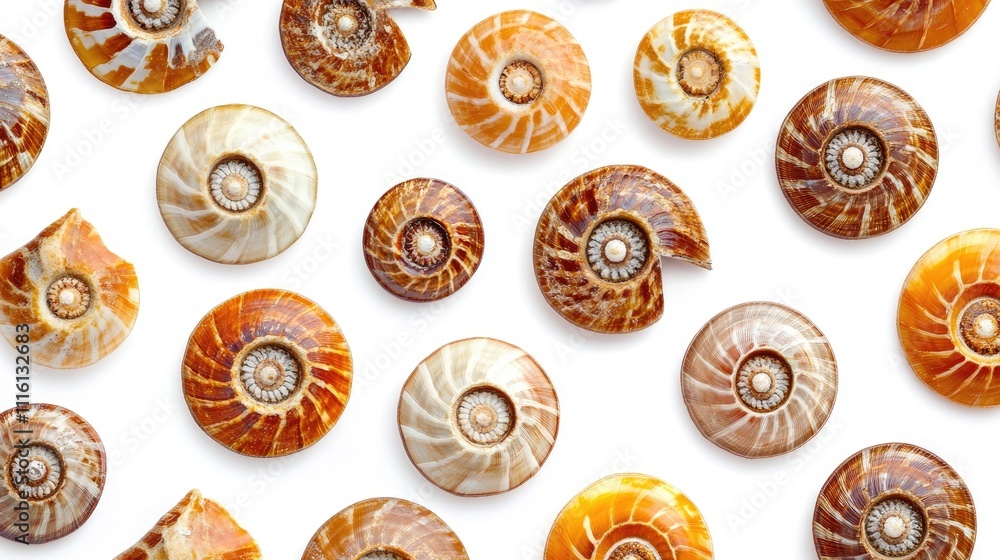 Poster seamless pattern of ammonite shells in varying sizes and colors arranged artistically on a white sur