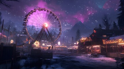 A dynamic capture of a large ferris wheel lighting up the night sky at a fairground during a winter festival.