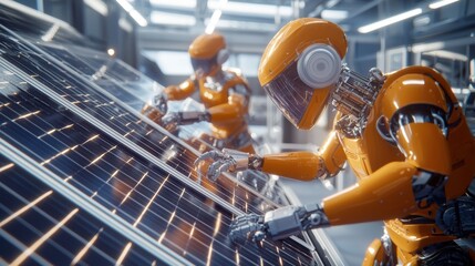Fototapeta premium Two robotic figures in orange attire work on solar panels in a futuristic environment, showcasing advanced technology and renewable energy efforts.