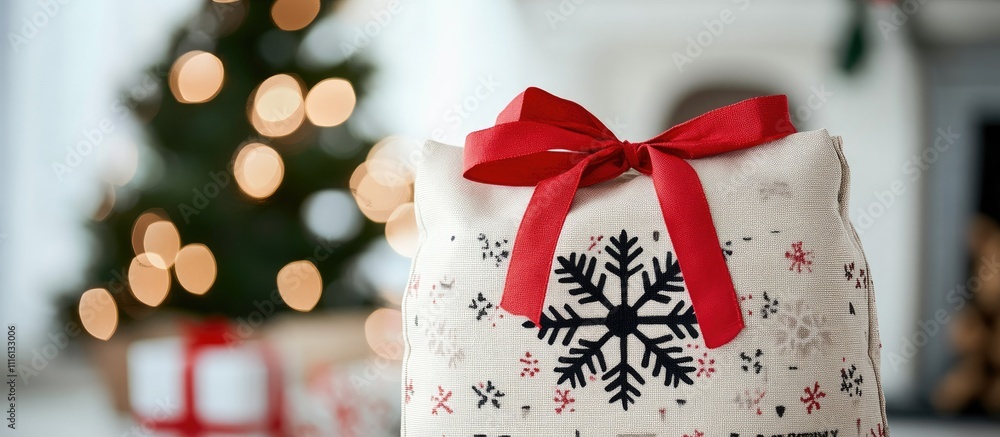 Poster canvas bag with snowflake design and red ribbon gift against a festive background with christmas tre
