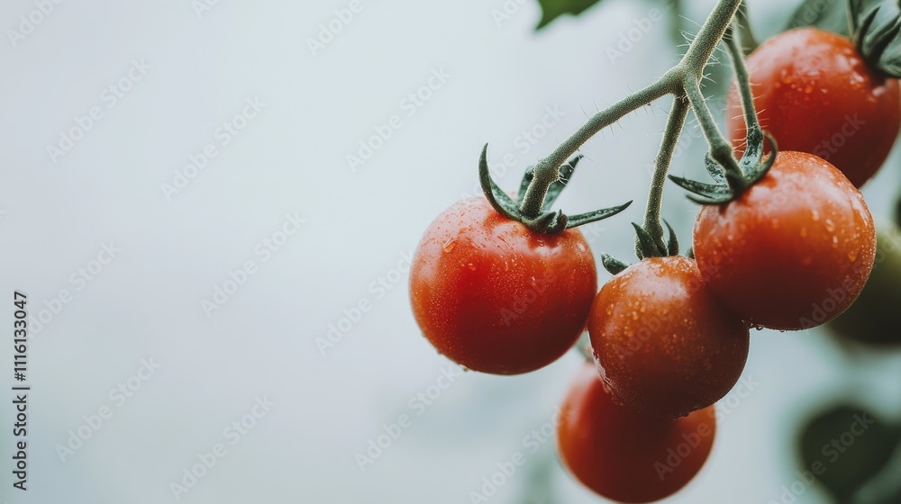 Canvas Prints Vibrant closeup of fresh red tomatoes still attached to the vine, droplets of water glistening on their surface, against a light background, organic, agriculture, healthy food.