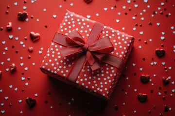 Obraz premium A gift box wrapped in red and white polka-dot paper with a ribbon, surrounded by small heart-shaped confetti on a vibrant red background
