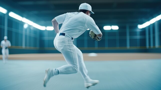 A baseball player in white uniform sprints across an indoor field, showcasing athleticism and focus in a training or game scenario.