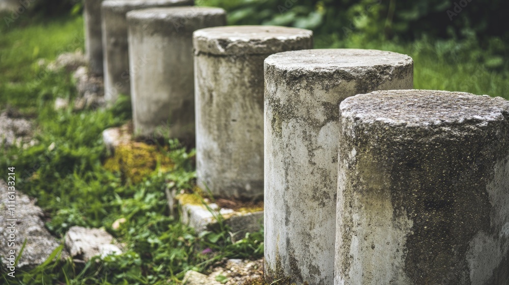 Poster weathered concrete columns partially buried in grass, showcasing rustic textures and natural element